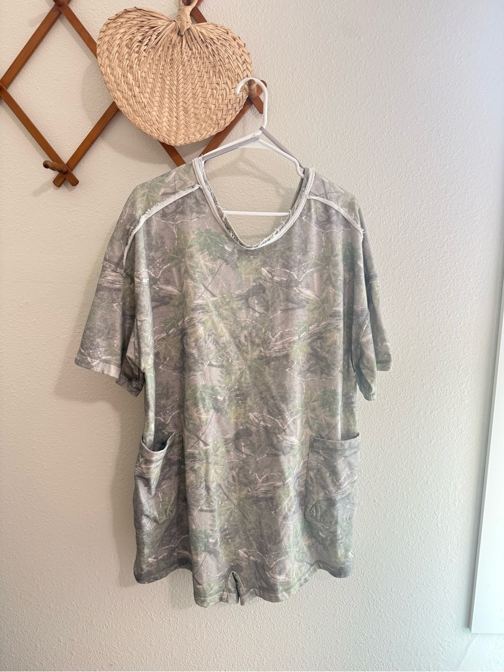 Relaxed Short-Sleeve Camo Romper in Green Camo